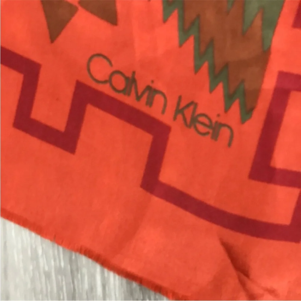 Vtg CALVIN KLEIN SCARF 100% SILK ORANGE RECTANGLE WRAP NATIVE AMERICAN GEO